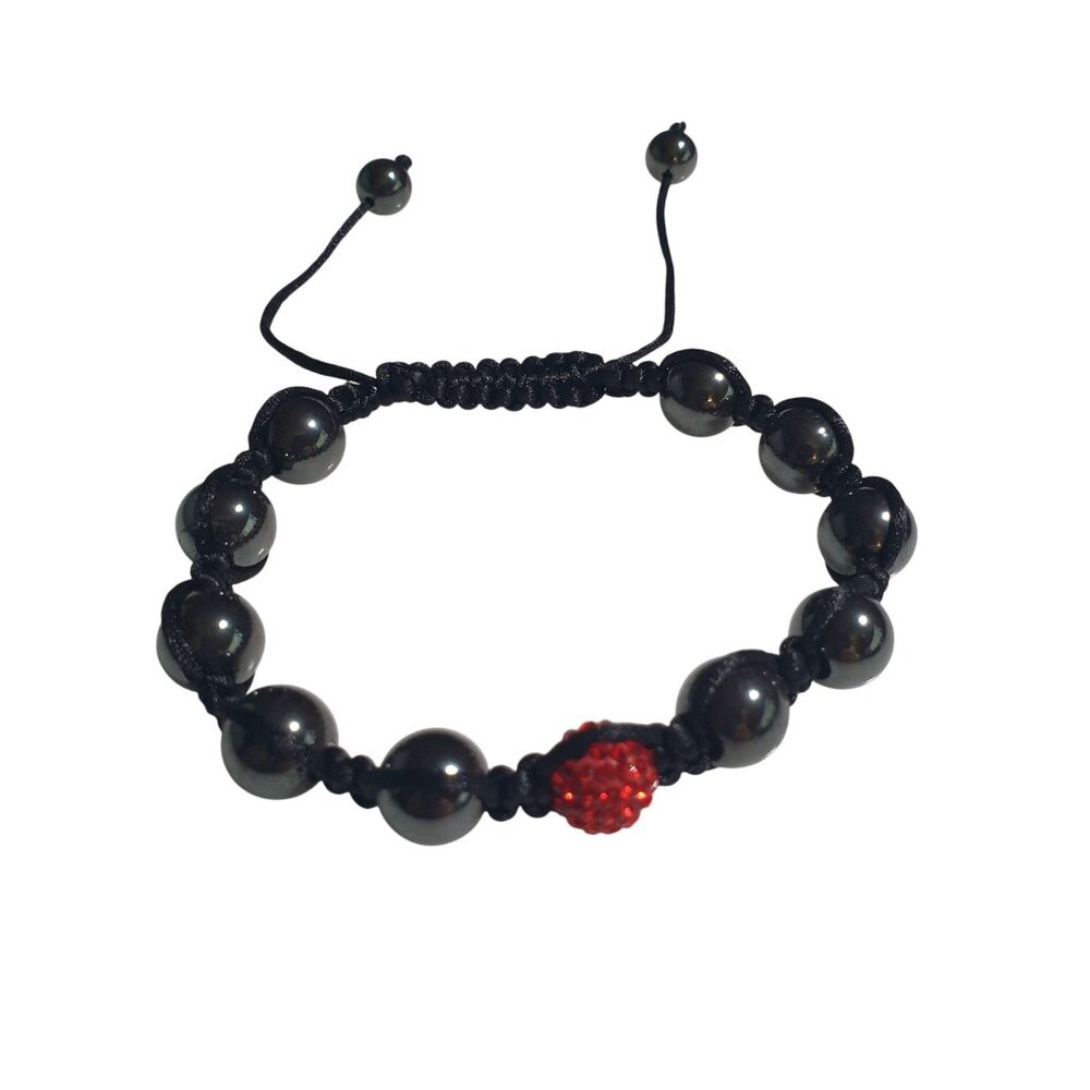 Black Adjustable Beaded Bracelet Hematite Beads Red Accent Rhinestone Bead